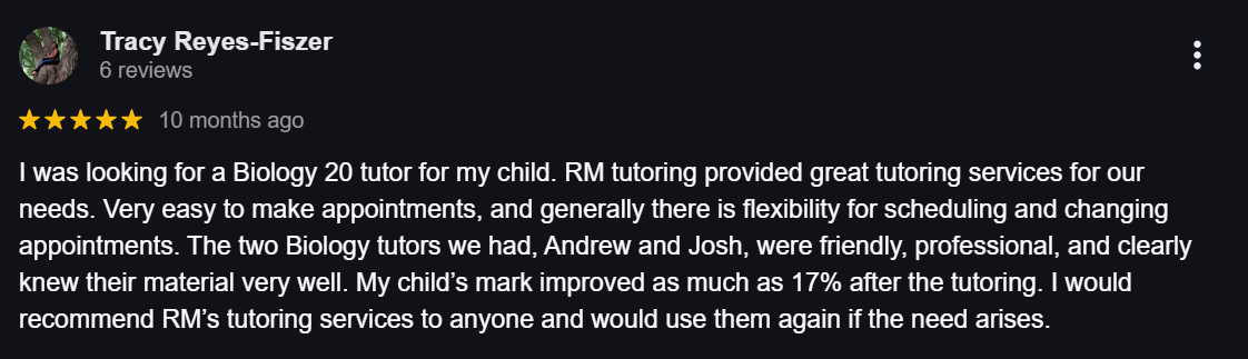 Parent praises improvement in son’s biology grades with RM Tutoring