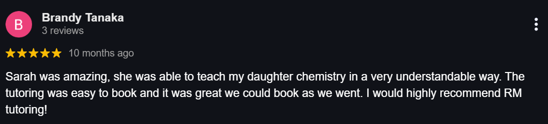 Parent praises RM Tutoring’s easy booking process and effective chemistry support for their child