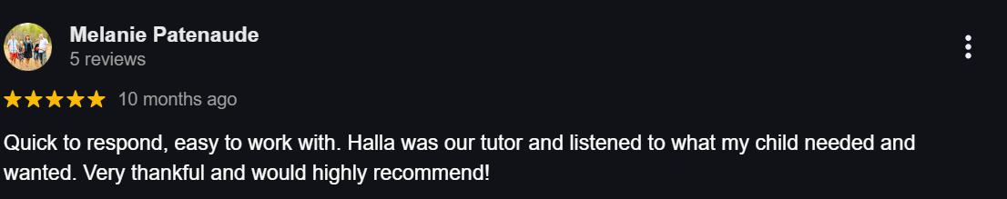 Parent praises RM Tutoring for being quick to respond, easy to work with, and attentive to their child’s learning needs