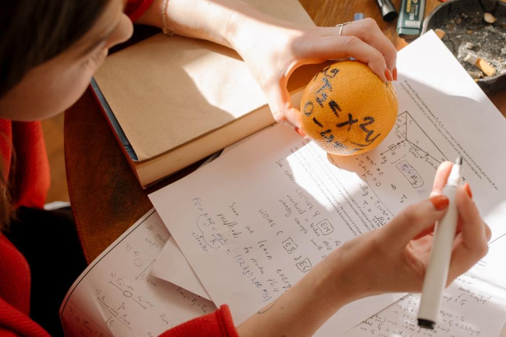 High School student learning physics concepts using an orange to study forces during RM Tutoring session in Edmonton and Calgary