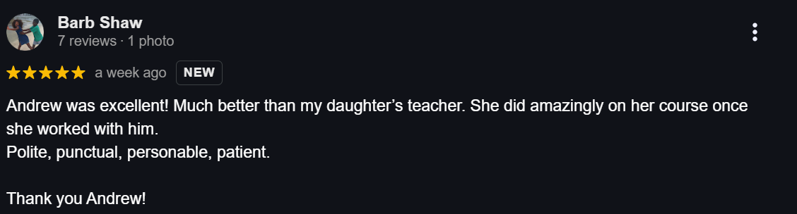 Parent praises RM Tutoring for providing an excellent tutor who helped their daughter perform amazingly in her course, highlighting the tutor’s politeness, punctuality, and patience
