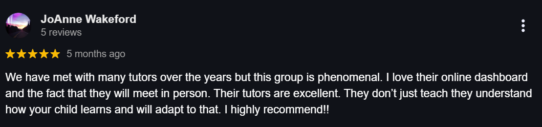 Parent highly recommends RM Tutoring for their excellent tutors who adapt to each child’s learning style, praising the convenient online dashboard and flexibility of in-person sessions