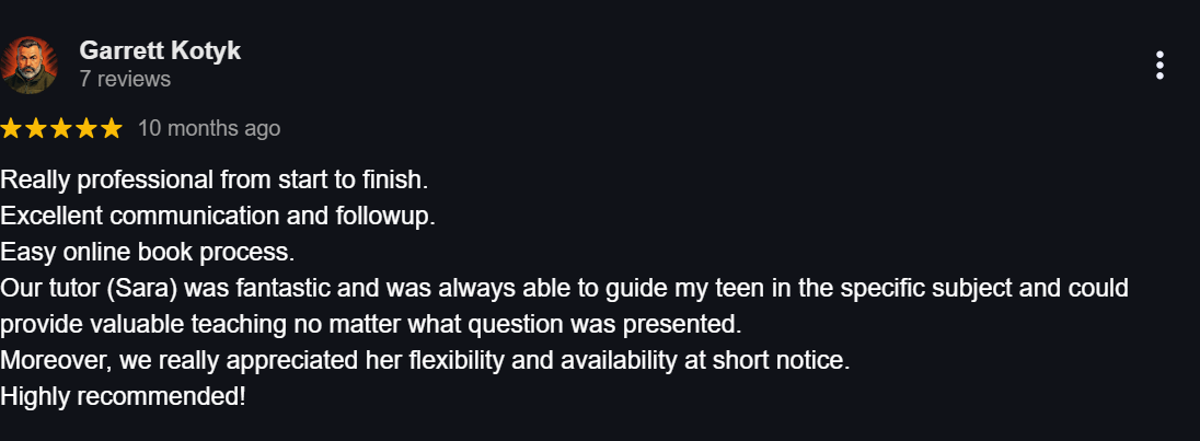 Parent praises RM Tutoring for professional service, excellent communication, and flexible online booking, highlighting the tutor’s ability to guide their teen and provide valuable support with any subject questions
