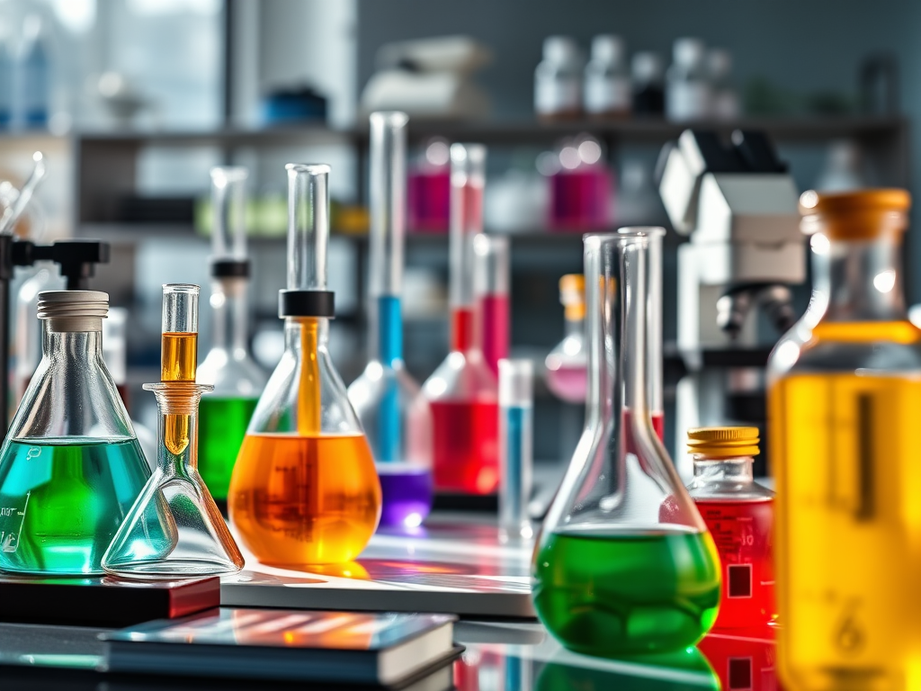 Beakers and bottles representing chemistry tutoring services offered by RM Tutoring.