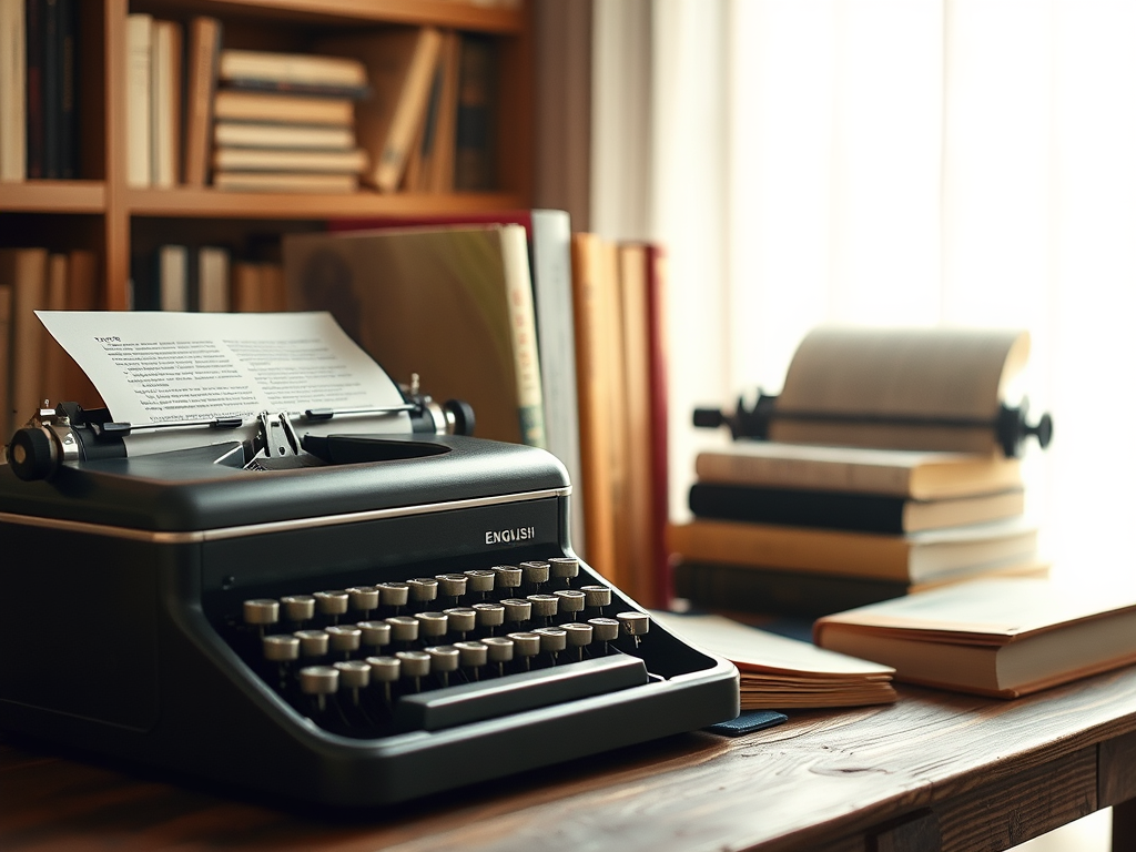 Books and typewriter symbolizing English tutoring services offered by RM Tutoring.