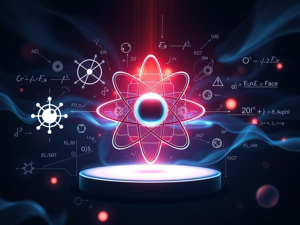 Physics equations and atomic model symbolizing RM Tutoring’s physics tutoring services.
