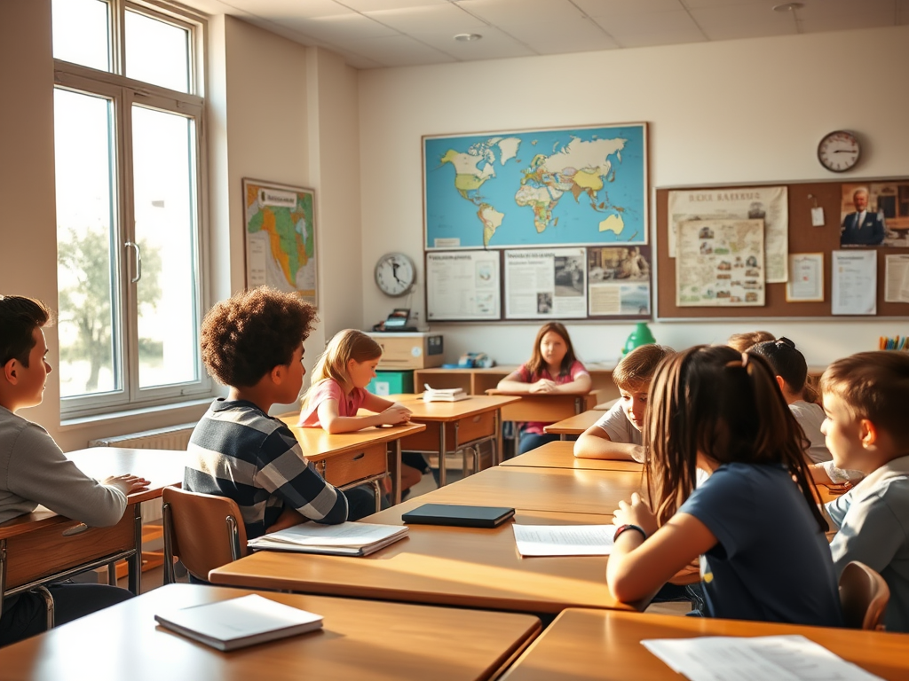 Students in a classroom with a world map representing RM Tutoring’s social studies tutoring services.